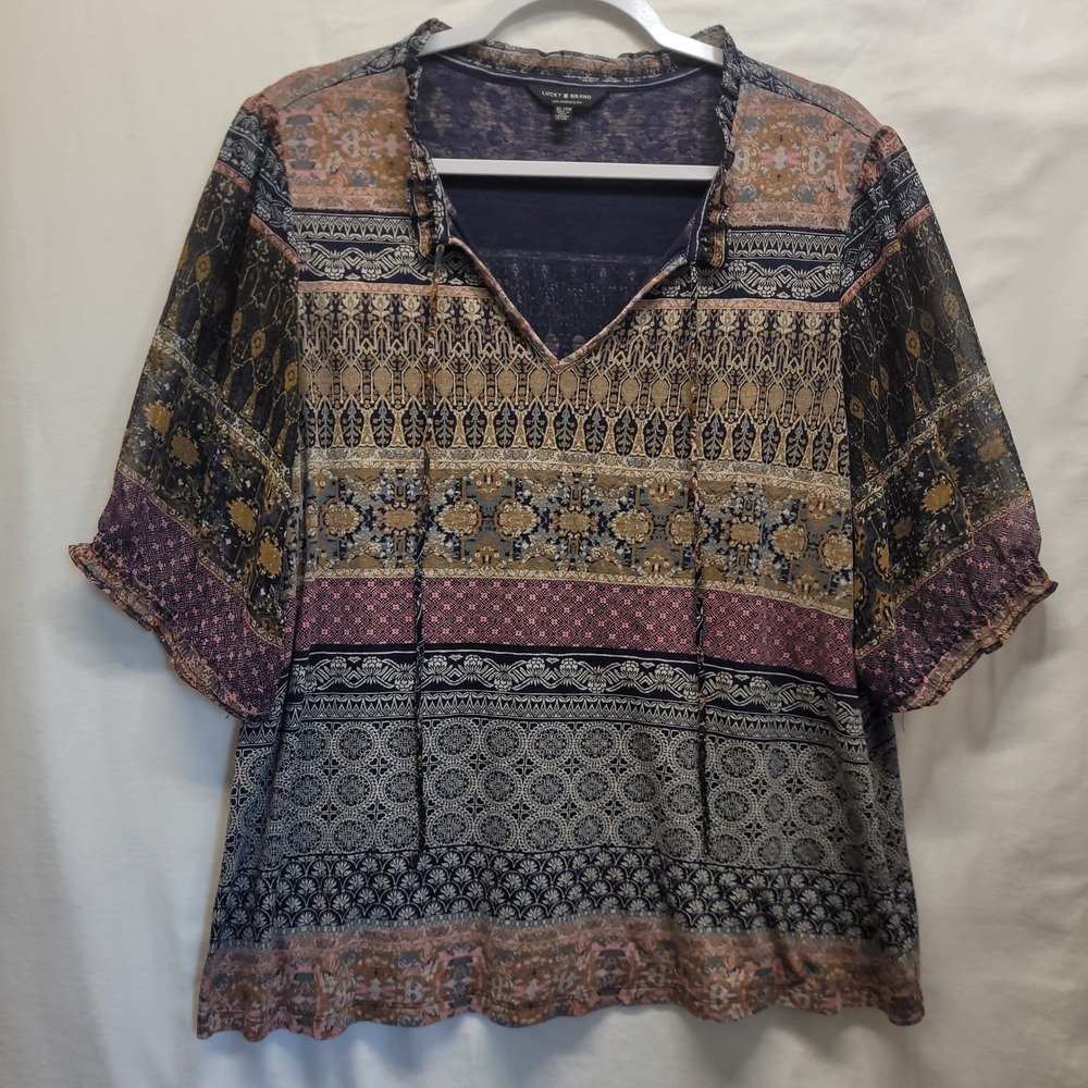 Lucky Brand Womens XL Mixed Border Print Boho Ruffle Tie Neck 3/4 Sleeve Blouse - Picture 7 of 11